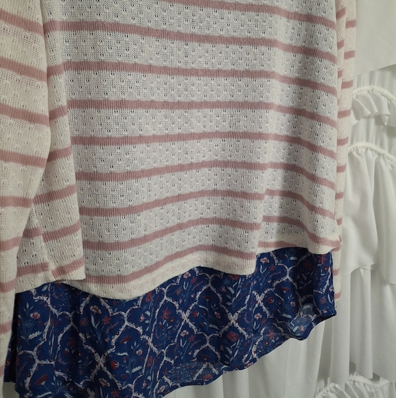 Matilda Jane Split Back Pink and White Striped Top with Blue Patterned Hem - Picture 2 of 6